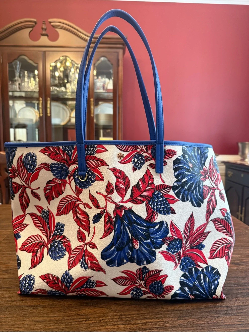 Tory Burch Red & Blue Floral Canvas Tote